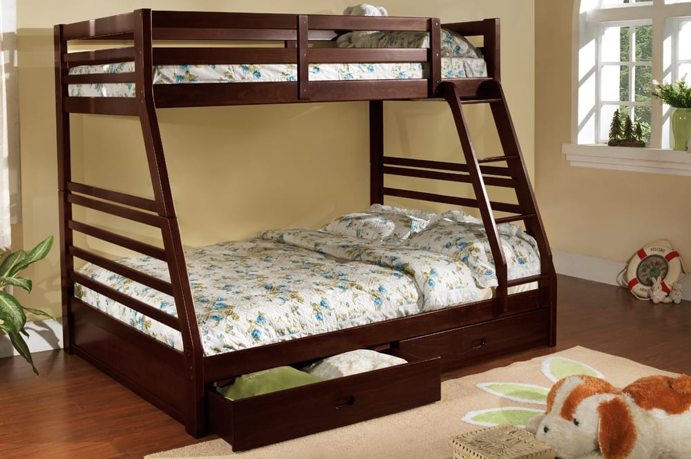 Twin over full bunk bed with storage drawers in espresso finish
