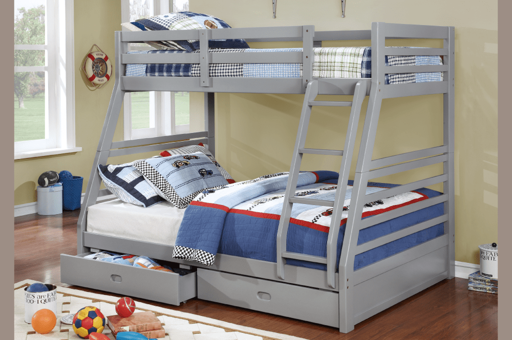 Twin over full bunk bed with storage drawers in grey finish