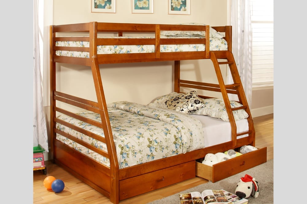 Twin over full bunk bed with storage drawers in honey finish