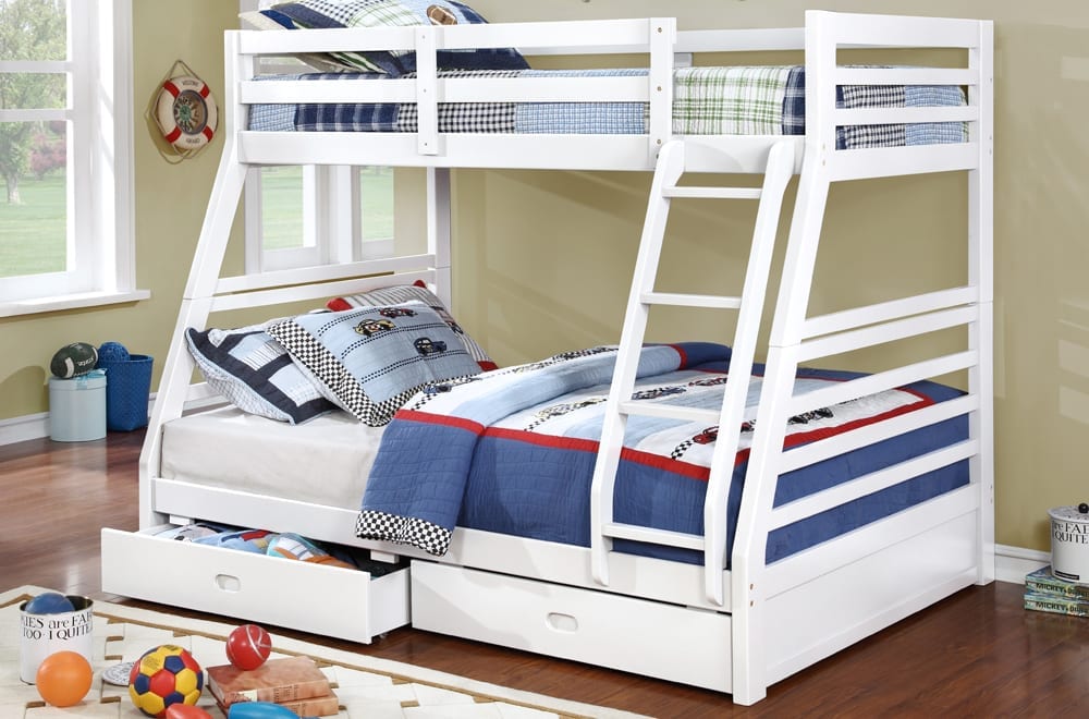 Twin over full bunk bed with storage drawers in white finish