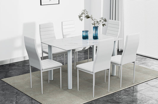 7-Piece White Marble Glass Dining Set – T3408