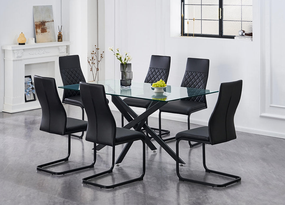 7pc Modern Glass Dining Table Set with Black PU Chairs-T1443