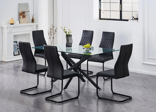 7pc Modern Glass Dining Table Set with Black PU Chairs-T1443