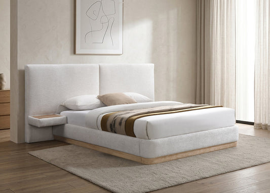 Warm Ivory Upholstered Platform Bed with Floating Nightstands & Oak Accent Base –I5927