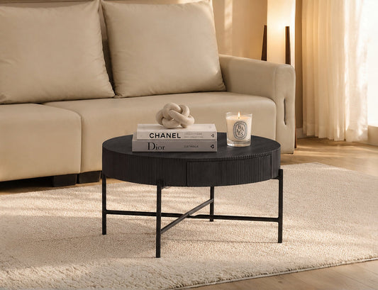 Matte Black Round Coffee Table with Hidden Storage Drawer & Ribbed Detail-I3212