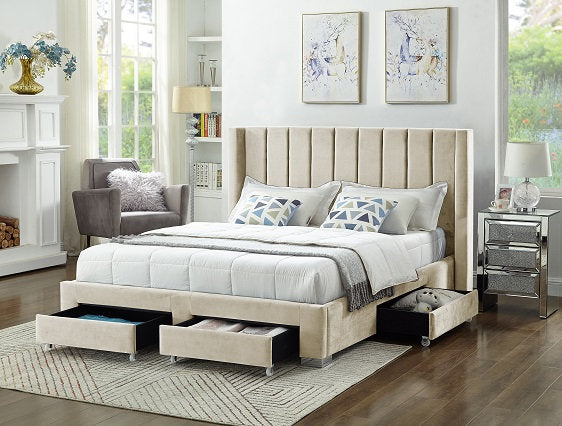 Modern Velvet Wing Storage Bed with Drawers-I5310