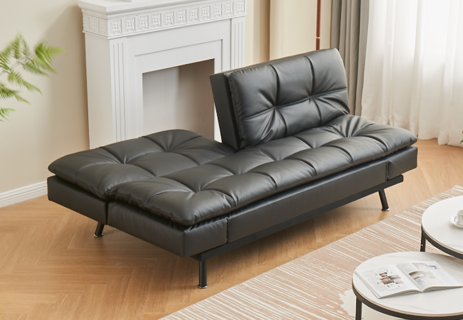 Modern Black PU Leather Sofa Bed with Adjustable Armrests & Memory Foam-I8050