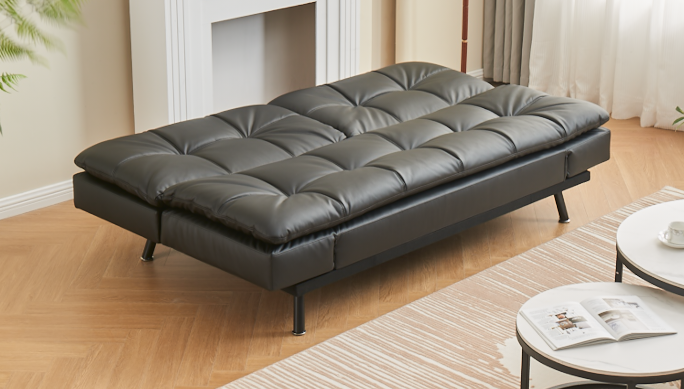 Modern Black PU Leather Sofa Bed with Adjustable Armrests & Memory Foam-I8050
