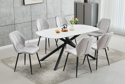 Modern 7-Piece Dining Set | Sintered Stone Table + 6 Velvet Chairs-I1530