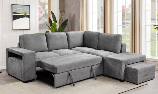 Modern Grey RHF Sofa Bed Sectional with Storage & Ottoman-I9035