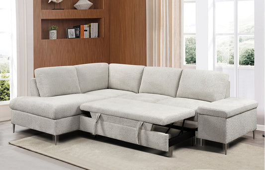 Grey Bouclé Sectional Sofa Bed with Storage – Modern Space-Saving Comfort – I9023