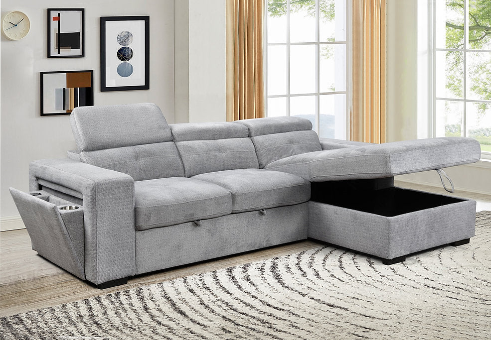 Convertible Sofa Bed Sectional with Storage Chaise & Charging Station-I9080(81)