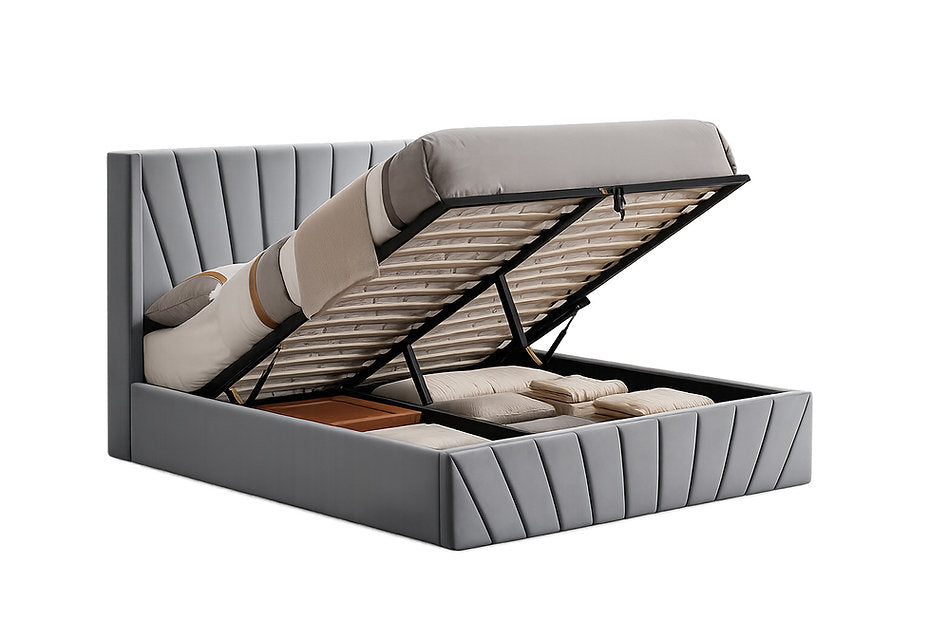 Luxury Velvet Hydraulic Storage Platform Bed – Queen & King | 3 Colours-I5870