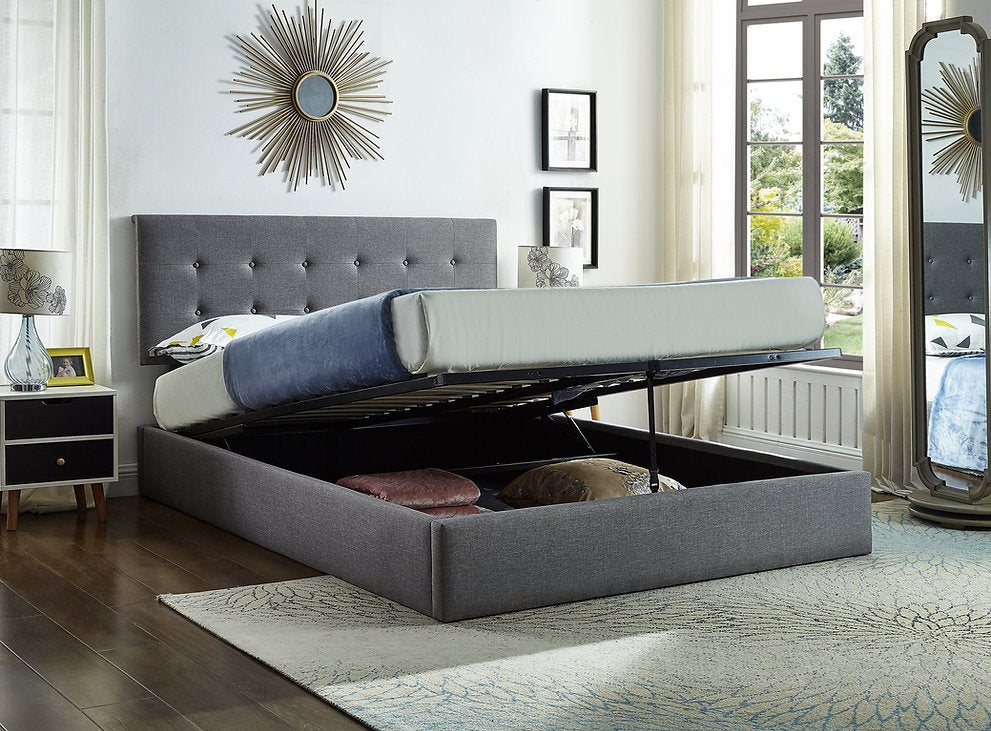 Grey Fabric Hydraulic Lift-Up Storage Bed with Tufted Headboard |I5445