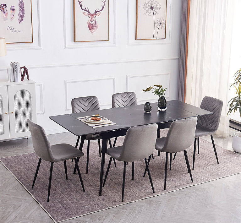 Extendable Sintered Stone Dining Table Set with Grey Velvet Chairs-I1817
