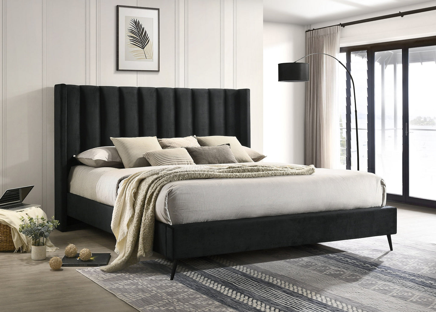 Black Velvet Wingback Platform Bed with Vertical Tufted Headboard-I5231