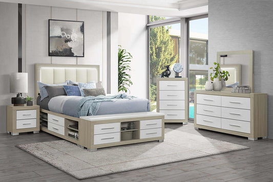Emma Natural Bedroom Collection with LED Headboard, USB Charging & Storage Bed-Emma (Natural-White)