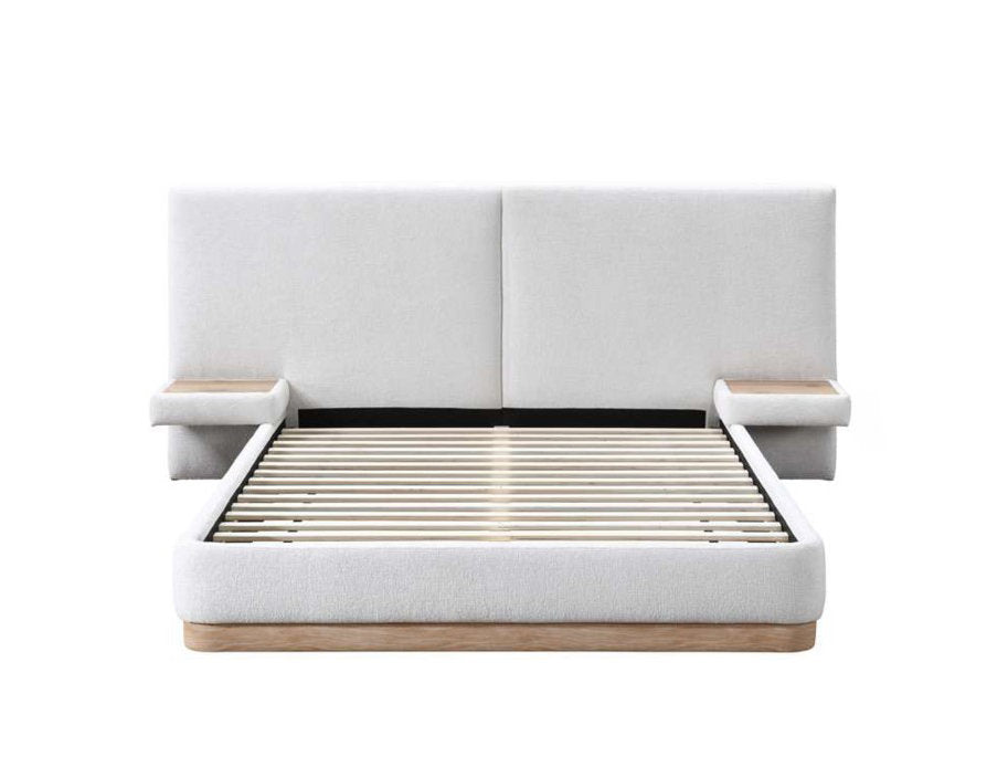 Warm Ivory Upholstered Platform Bed with Floating Nightstands & Oak Accent Base –I5927