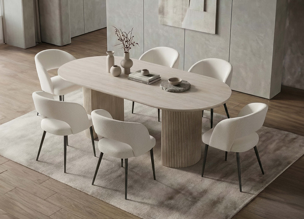 71" Oval Travertine Dining Table Set with 6 Cream Upholstered Chairs-I1641