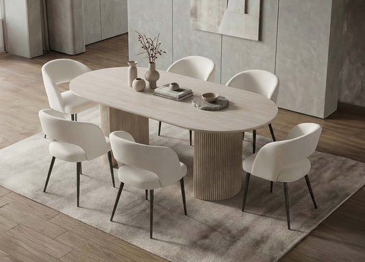 71" Oval Travertine Dining Table Set with 6 Cream Upholstered Chairs-I1641