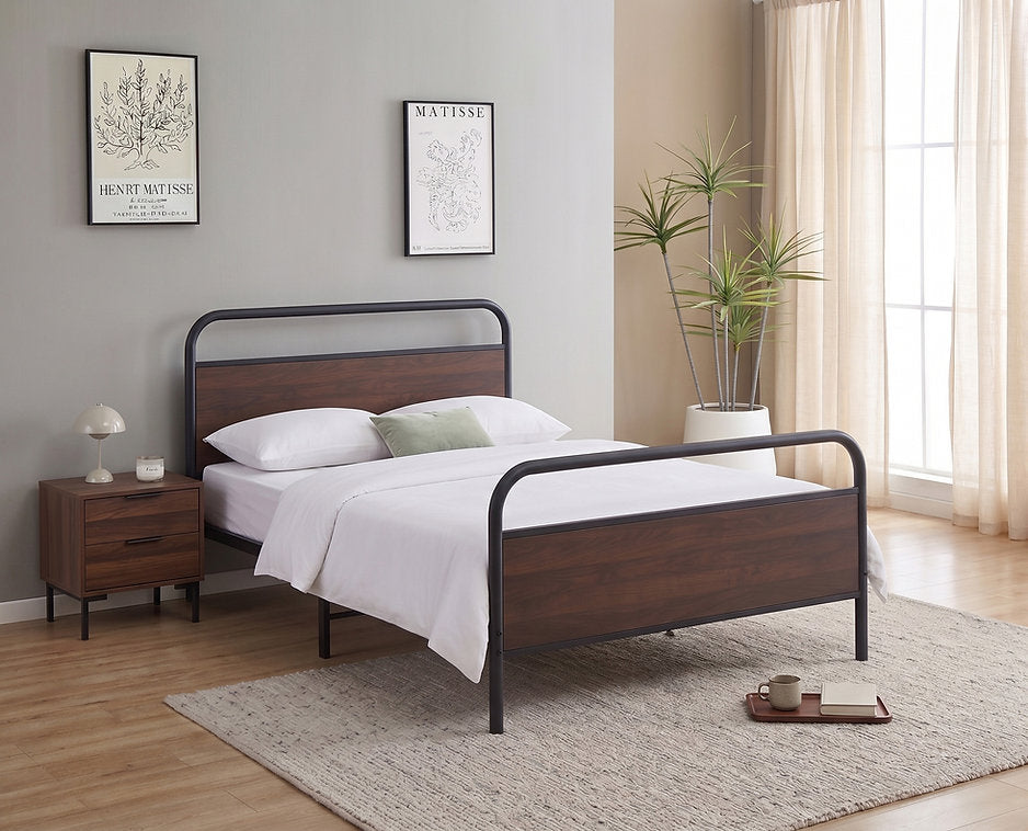 Modern Industrial Metal Bed with Wood Panel Accents-I5255