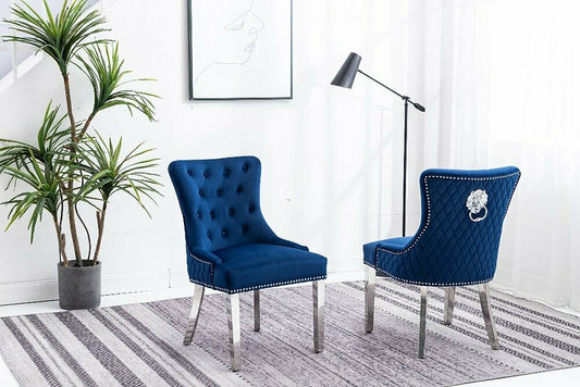 Set of 2 Velvet Dining Chairs with Chrome Lion Knocker-I1252