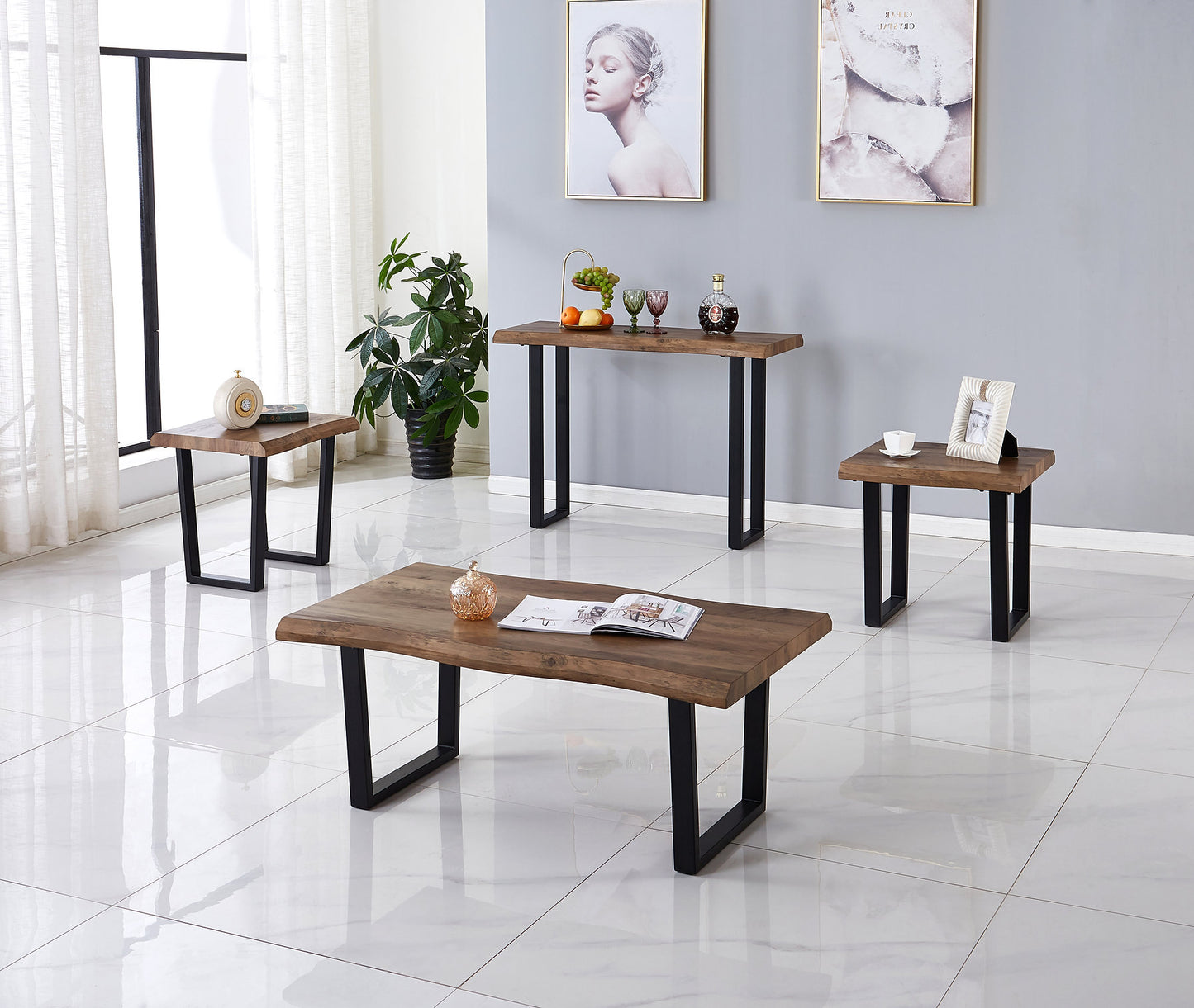 Industrial Faux Live Edge Coffee Table, End Table & Sofa Table-I2690