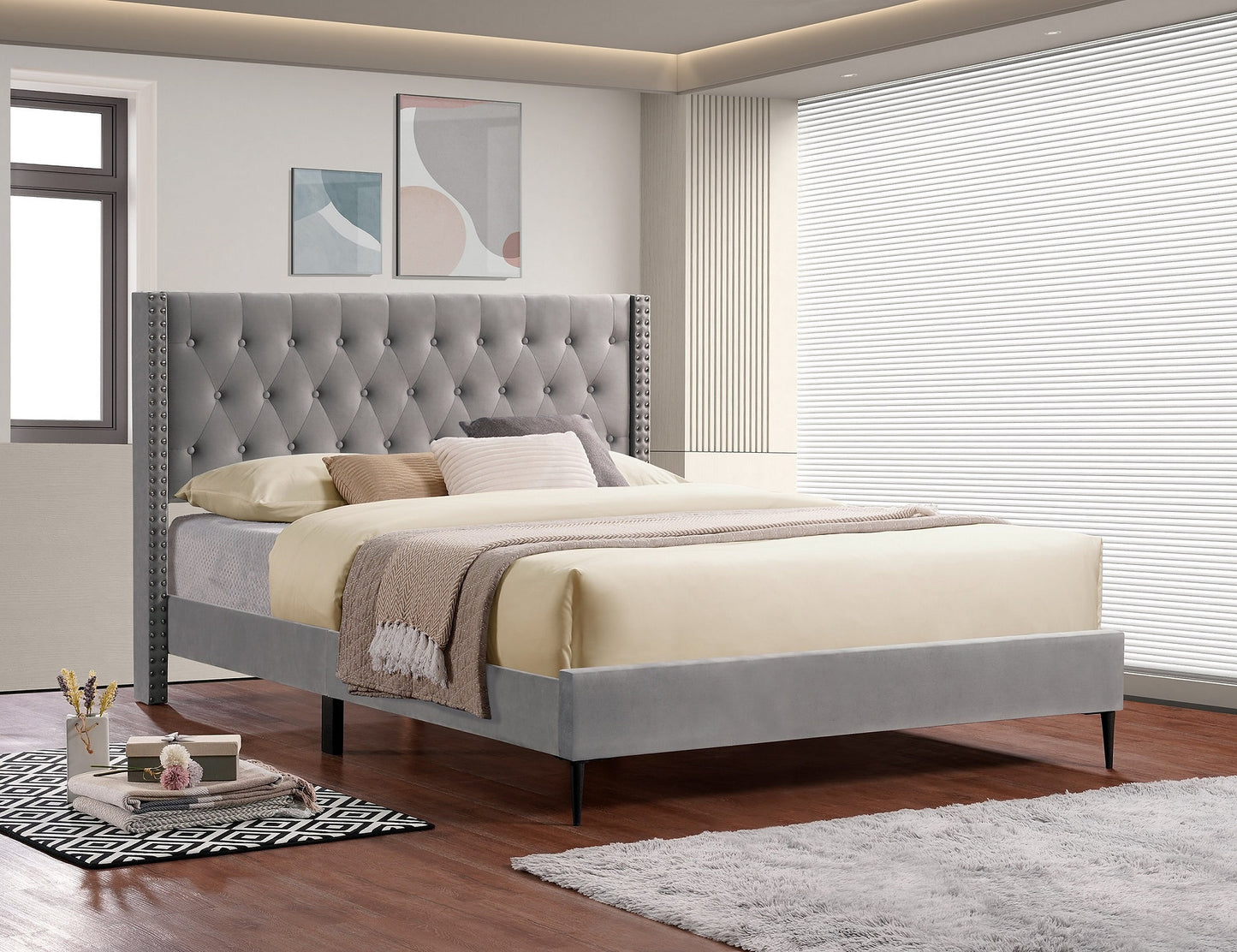 Modern Velvet Wingback Platform Bed with Diamond Tufted Headboard-I5590