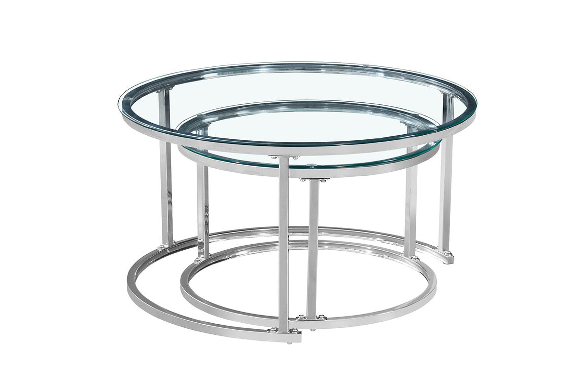 Modern Round Glass Nesting Coffee Tables – Set of 2 with Chrome Steel Frame -I2610