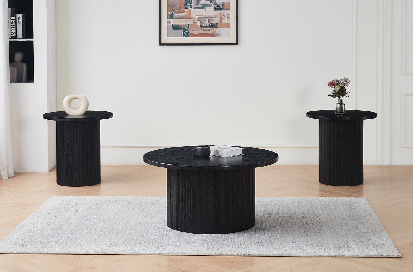 Modern Black Fluted Wood Coffee Table & End Table-I2660