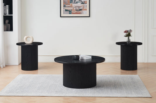Modern Black Fluted Wood Coffee Table & End Table-I2660