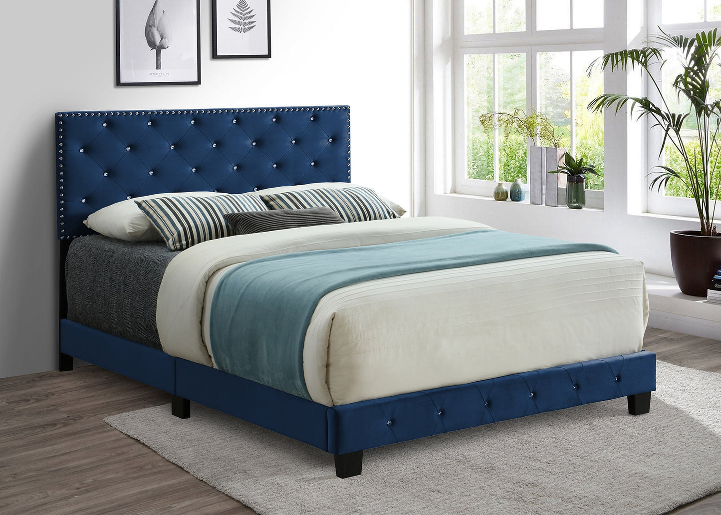 Blue Velvet Queen Bed with Adjustable Rhinestone Headboard-I5652