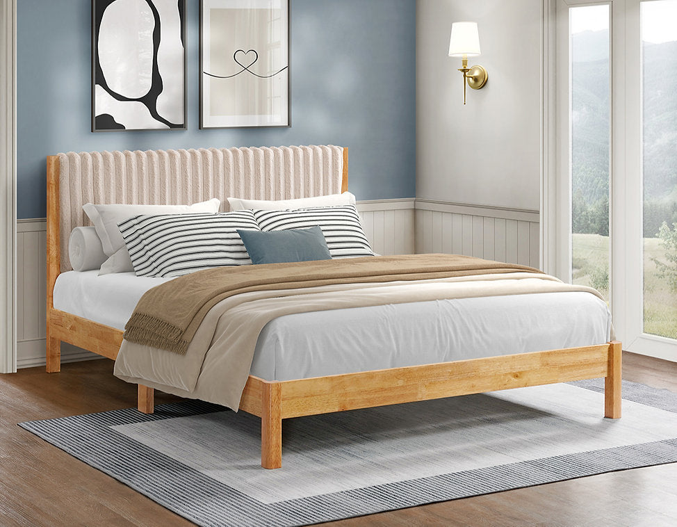Natural Wood Platform Bed with Velvet Channel Headboard-I5598