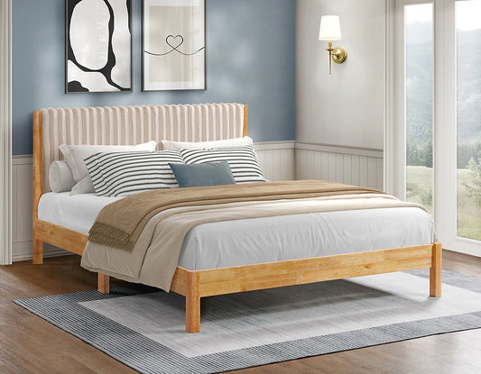Natural Wood Platform Bed with Velvet Channel Headboard-I5598