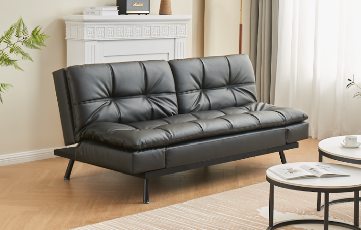 Modern Black PU Leather Sofa Bed with Adjustable Armrests & Memory Foam-I8050
