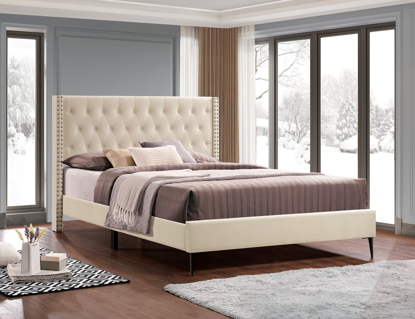 Modern Velvet Wingback Platform Bed with Diamond Tufted Headboard-I5590