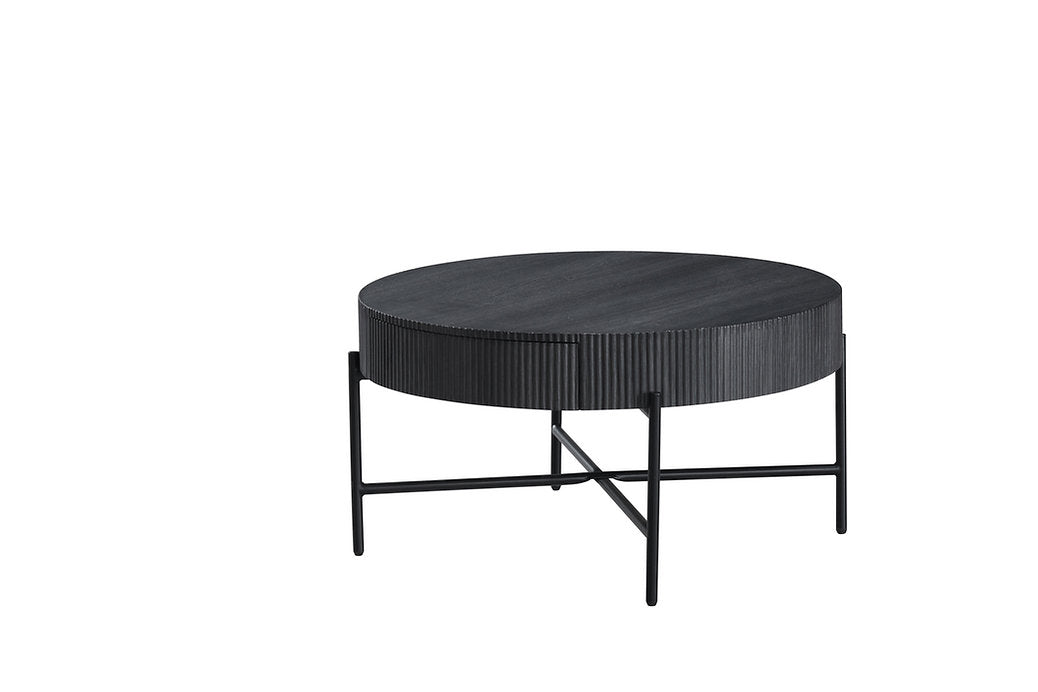 Matte Black Round Coffee Table with Hidden Storage Drawer & Ribbed Detail-I3212