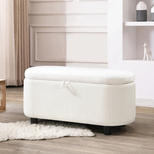 Modern Oval Storage Bench in White Fabric – Lift-Top Ottoman Bench 39"-I6212