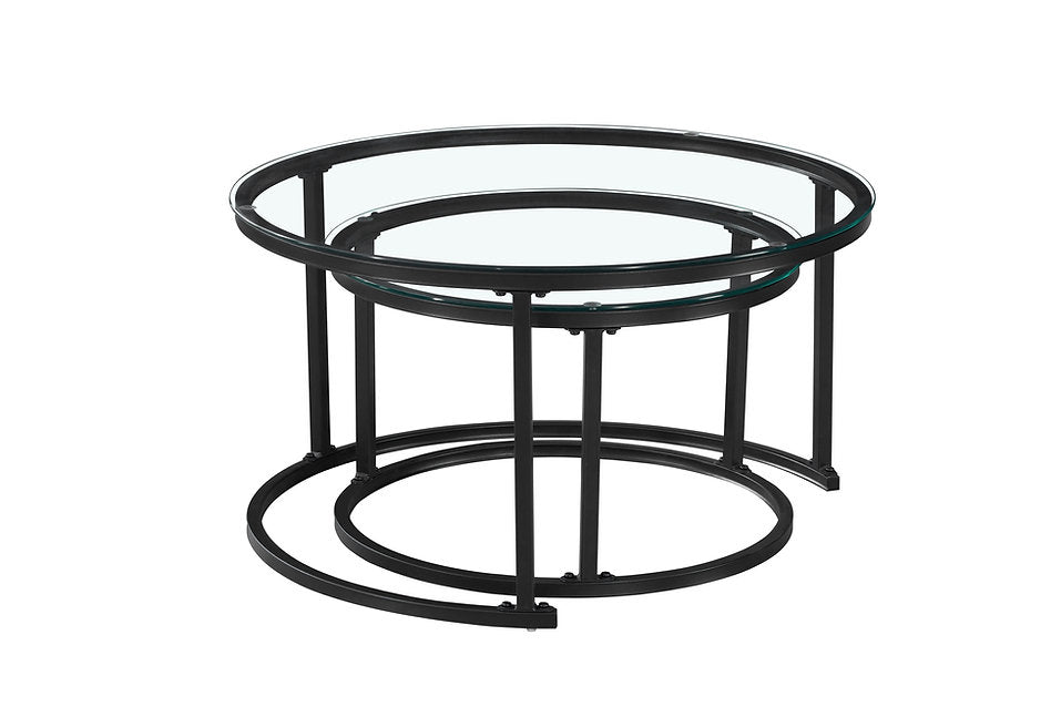 Modern Round Glass Nesting Coffee Tables – Set of 2 with Matte Black Steel Frame-I2611