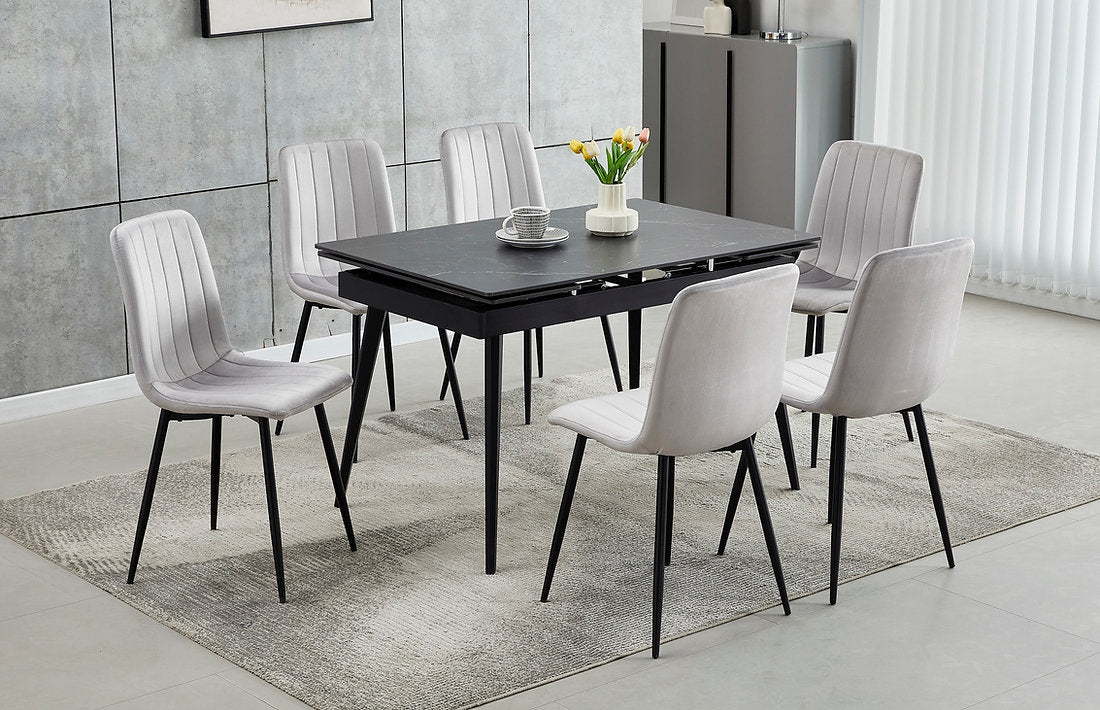 Extendable Sintered Stone Dining Table Set with Grey Velvet Chairs-I1472