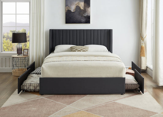 Grey Velvet Wingback Storage Bed-I5408