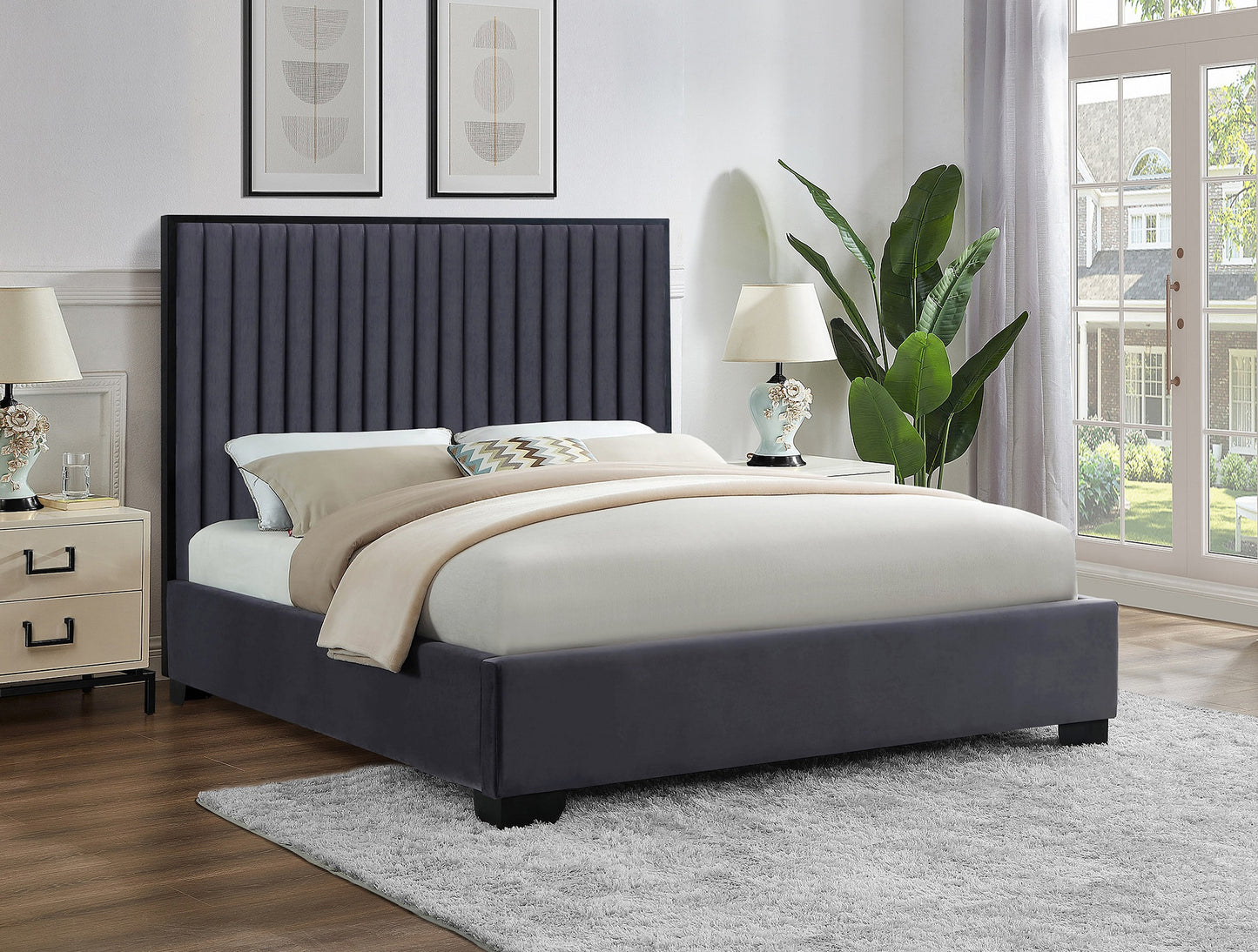 Modern Grey Velvet Platform Bed with Channel Tufted Headboard-I5545