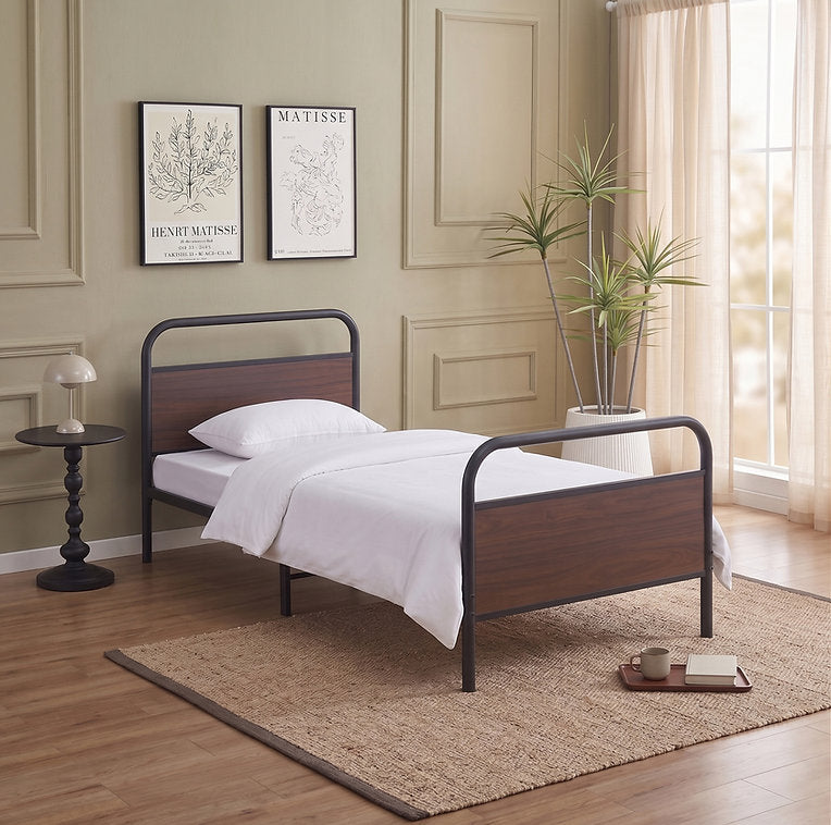 Modern Industrial Metal Bed with Wood Panel Accents-I5255