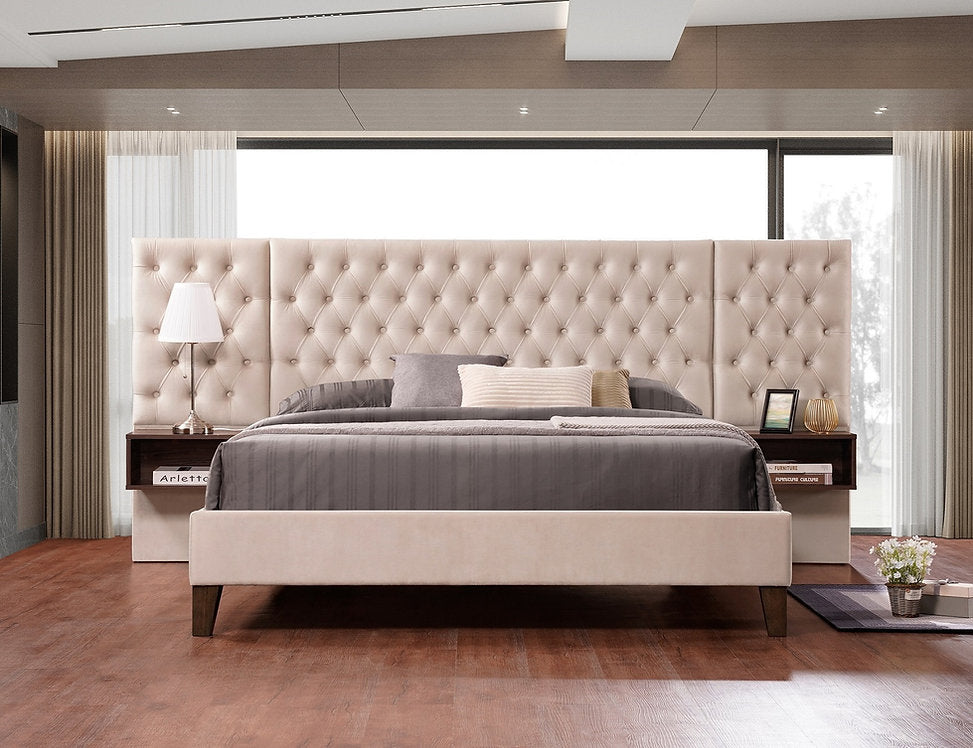 Beige Velvet Platform Bed with 2 Floating Nightstands -I5565