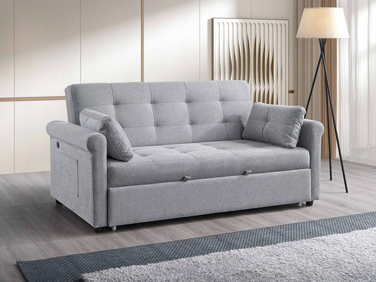 Convertible Grey Fabric Sofa Bed (70Inch) with USB Charging & Storage – I9046