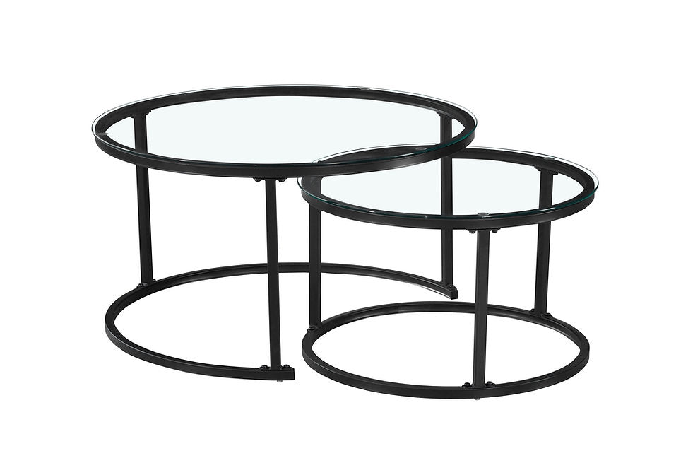 Modern Round Glass Nesting Coffee Tables – Set of 2 with Matte Black Steel Frame-I2611