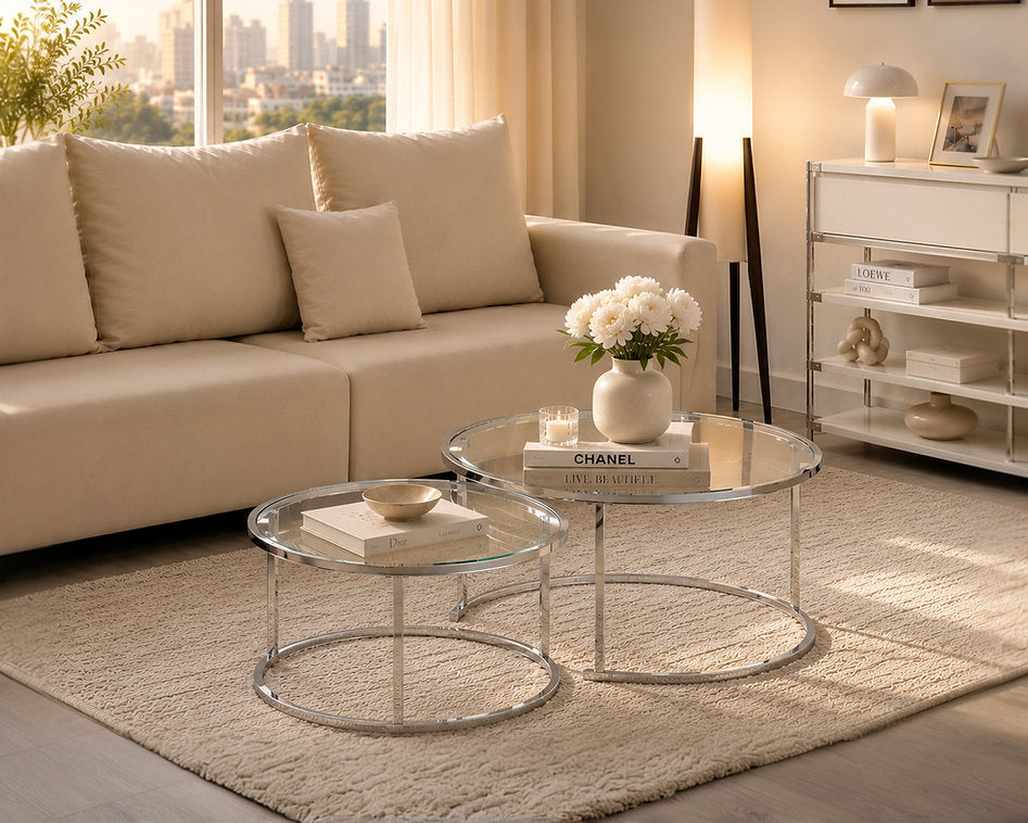 Modern Round Glass Nesting Coffee Tables – Set of 2 with Chrome Steel Frame -I2610