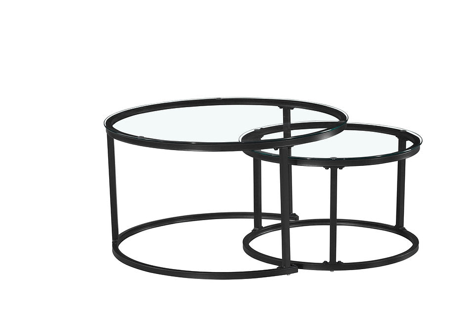 Modern Round Glass Nesting Coffee Tables – Set of 2 with Matte Black Steel Frame-I2611
