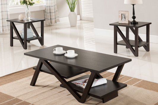 3PC Coffee Table Set Espresso – Modern Wood Coffee Table & 2 End Tables with Storage Shelf -I3500