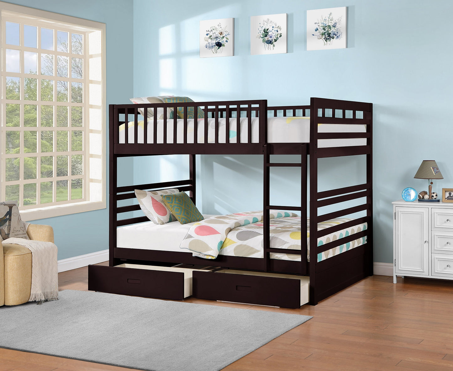Double/Double Solid Wood Bunk Bed with 2 Storage Drawers-I115